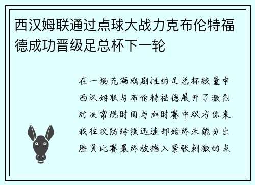 西汉姆联通过点球大战力克布伦特福德成功晋级足总杯下一轮 西汉姆联通过点球大战力克布伦特福德成功晋级足总杯下一轮